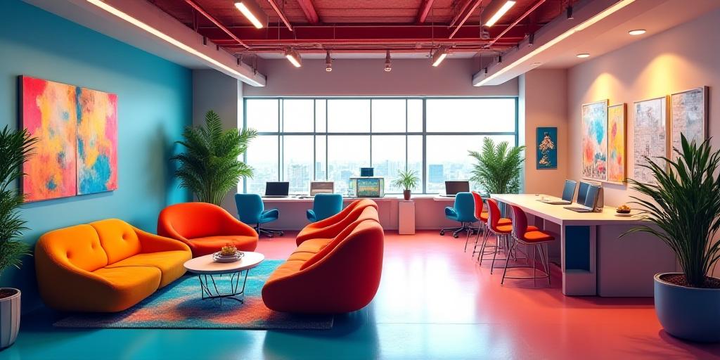 Oficina moderna y colorida del equipo de IA